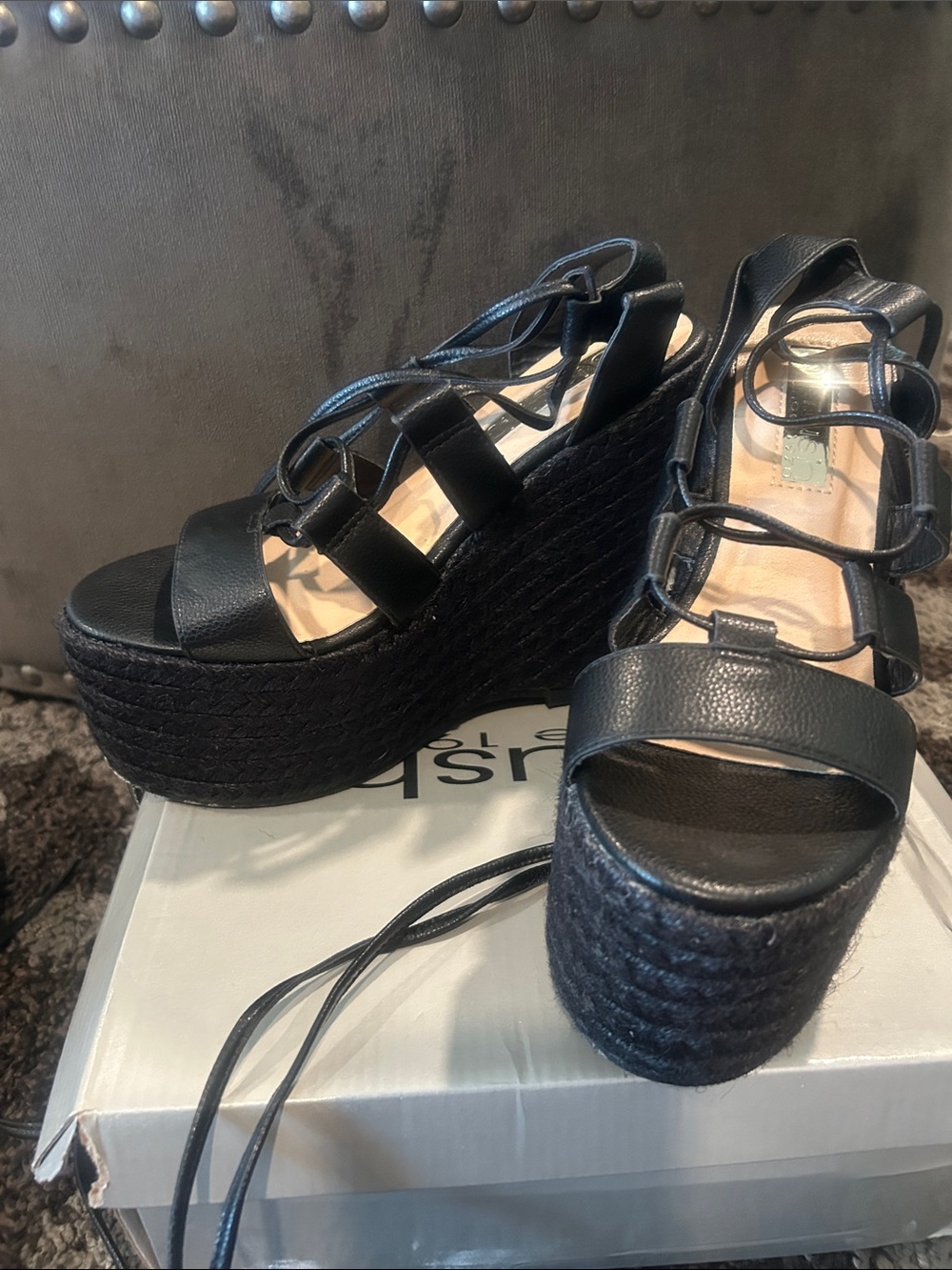 Krush Black Lace-Up Platform Espadrille Wedges